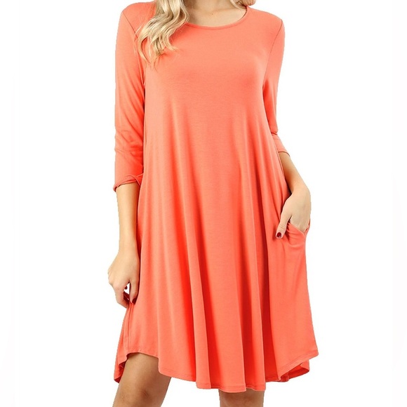 Eileen Fisher Woman’s Small Vibrant Coral Half Sleeve Ruffled Dress - Picture 1 of 6
